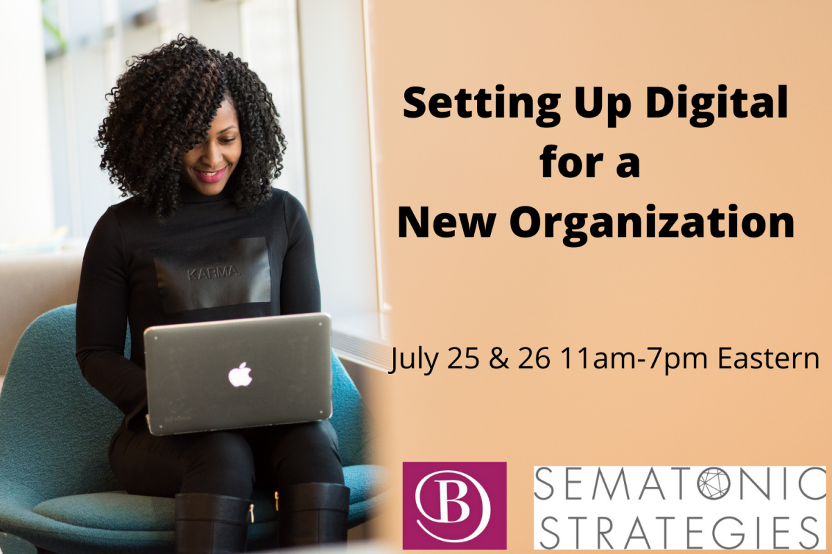 Image of a woman sitting down and using a laptop with text that says Setting Up Digital for a New Organization May 2&3 11am-7pm via zoom