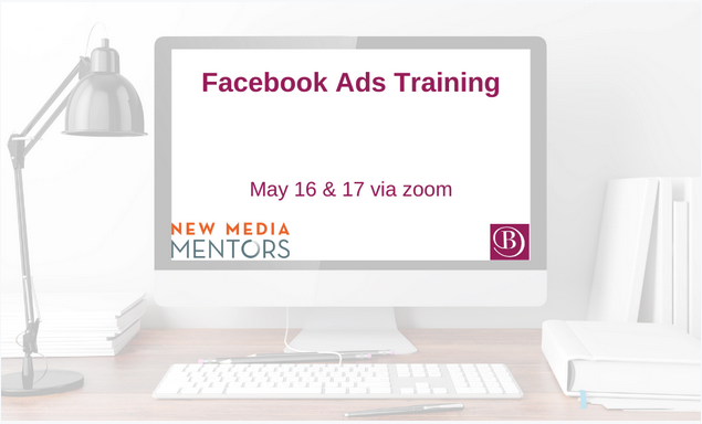 Image of a computer screen with text that says Facebook Ads Training May 16 & 17, 2022 via zoom