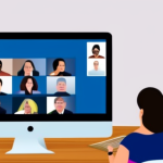Cartoon drawing of a woman wearing a blue shirt sitting in front of computer screen that shows people in a zoom meeting