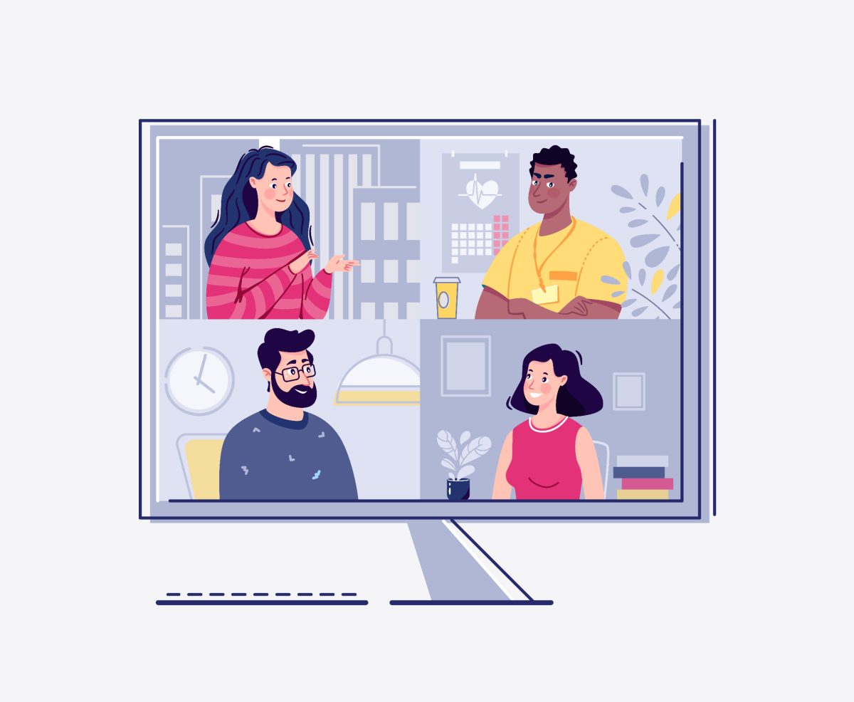 Cartoon showing a computer screen with 4 people in a virtual meeting